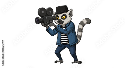 A charming cartoon lemur filmmaker, dressed in a hat and jacket, expertly operating a vintage movie camera. An isolated character illustration.