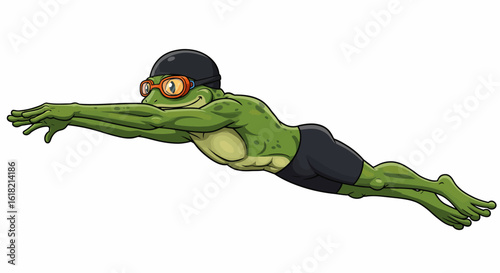 Athletic frog swimmer character in a streamlined diving pose. Cartoon mascot illustration for a swimming team or competition.