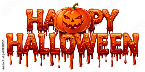 Happy halloween text with a scary pumpkin face, isolated on transparent background