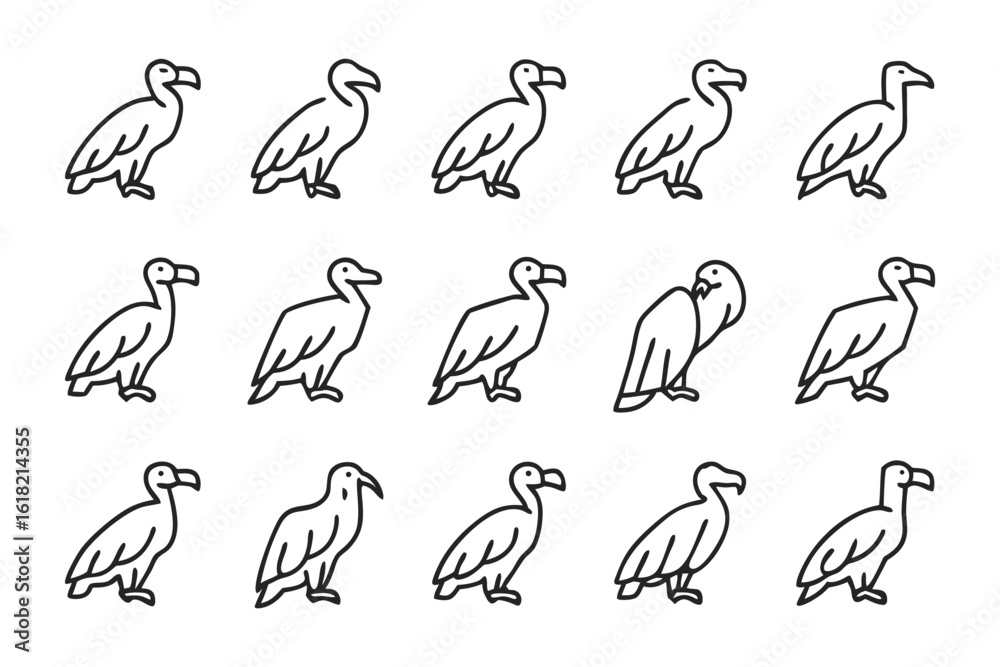 Fototapeta premium A flock of Vulture Illustrations: A series of stylized black and white illustrations depicts vultures, providing a clean and impactful visual for thematic projects. 