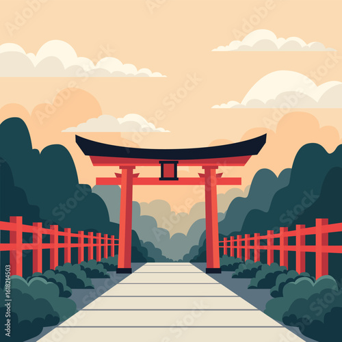 Japan torii gate shrine scenery vector draw design