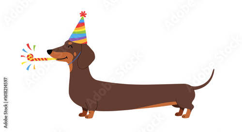 Cute cartoon dachshund dog in a rainbow party hat celebrating a birthday. Happy wiener dog with a party horn blower.