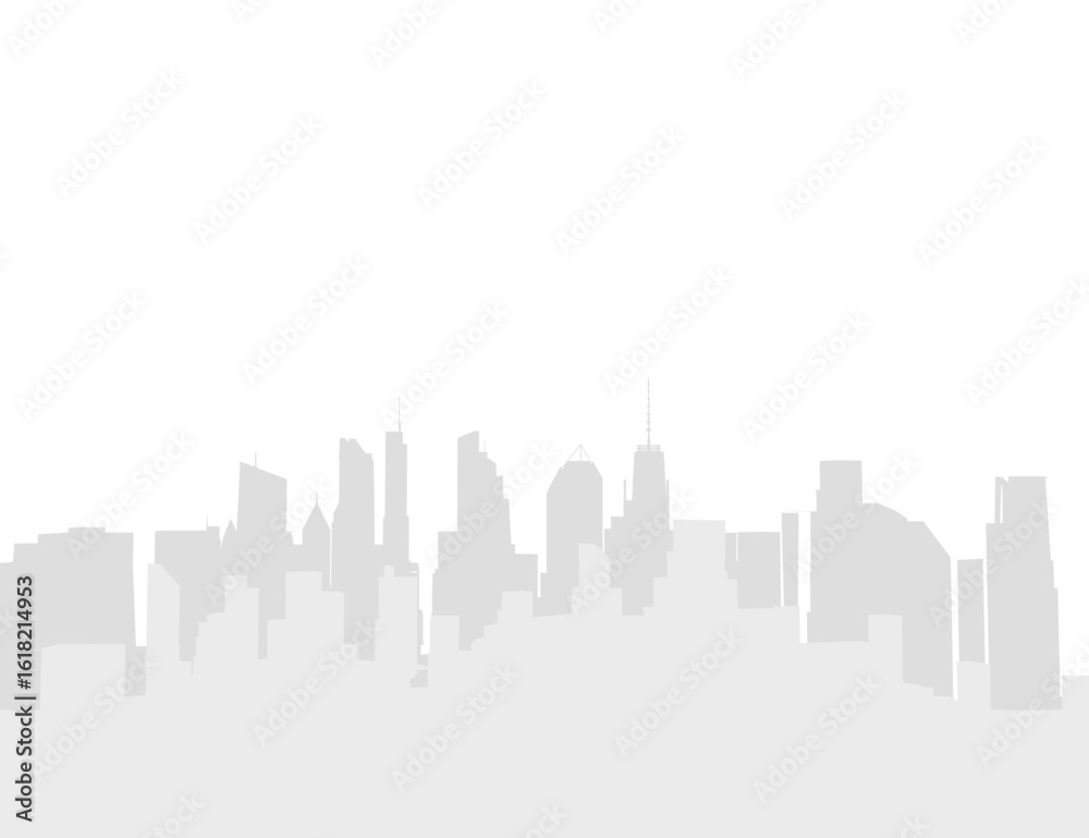 Naklejka premium A black and white city skyline features silhouettes of modern skyscrapers against a bright blue sky. The tallest building stands centrally, flanked by shorter structures.