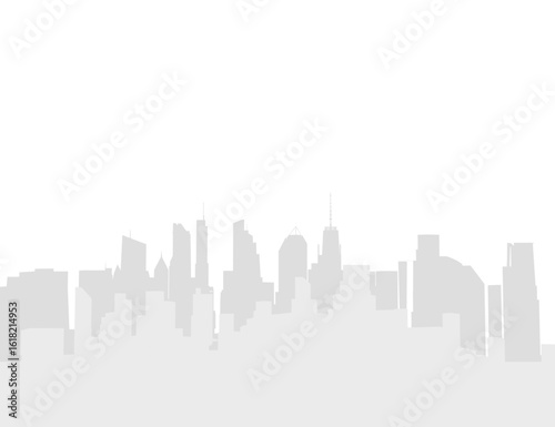 A black and white city skyline features silhouettes of modern skyscrapers against a bright blue sky. The tallest building stands centrally, flanked by shorter structures.