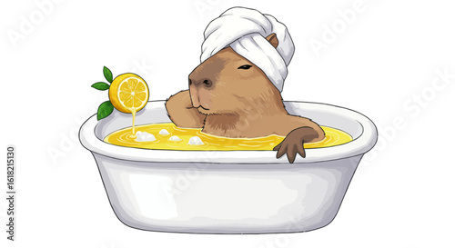 A cute capybara character relaxing in a citrus-infused spa bath, a humorous animal wellness concept with a towel on its head.