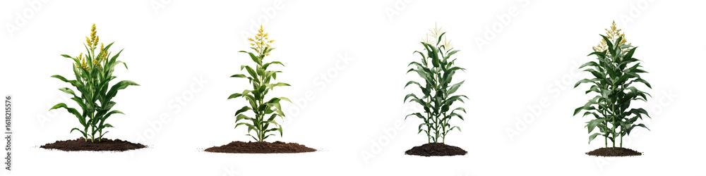 Fototapeta premium Four Corn Plants Showing Varied Growth Stages From Seedling To Mature Are Arranged Against A Transparent Background