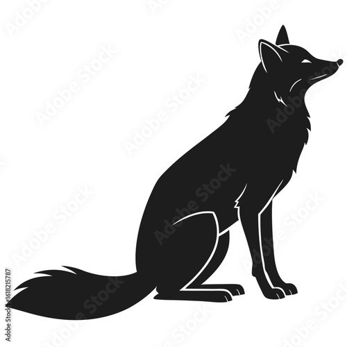 Black silhouette of a sitting fox with head turned to the right on a white background animal