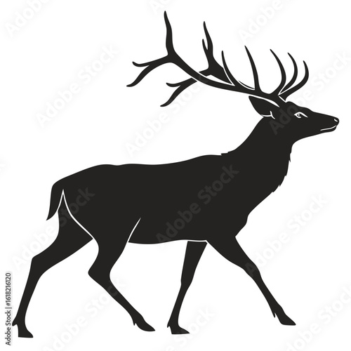 Black silhouette of a stag with large antlers walking on a white background deer 1