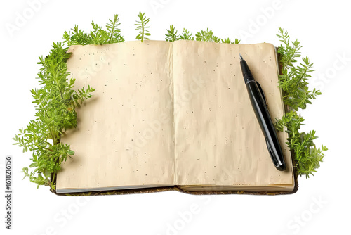Open notebook surrounded by lush greenery and a pen resting on its pages for creative inspiration