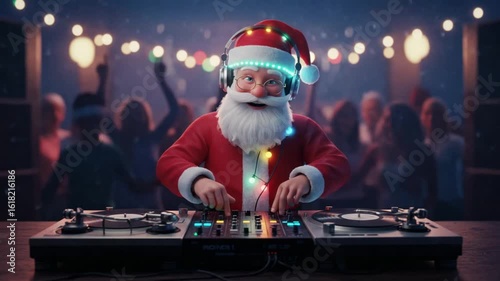 Santa Claus DJ Performing Electronic Music at Christmas Party with Colorful Lights and Dancing Crowd