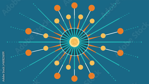 Abstract retro atomic starburst design bursting with mid century modern style and teal and orange geometric shapes vector illustration