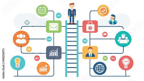 Business growth and success vector illustration presenting strategy planning and development with businessman climbing ladder to achieve goals and innovation