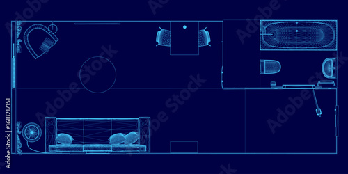 A detailed blueprint of a modern living room features a couch and table in a clean wireframe layout. The studio apartment design includes precise measurements and spatial planning.