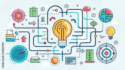 Business idea generation concept with light bulb and innovation process vector illustration for startups and creative thinking