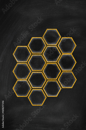 A stylized bee honeycomb drawn with chalk using white and yellow lines, set on a matte black chalkboard background.