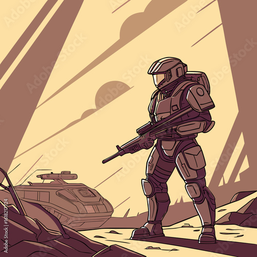 Soldier in Battle: A stoic soldier, clad in futuristic armor, stands guard on a battle-scarred terrain, holding a weapon, ready for action. A military vehicle nearby signifies strategic preparedness.