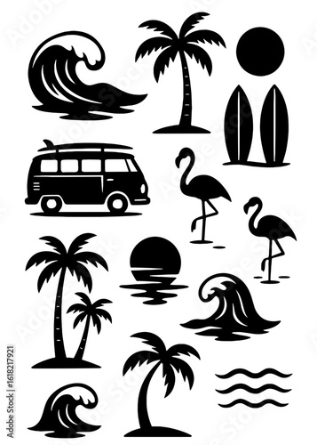 Black silhouettes of beach themed elements including palm trees, waves, vans, flamingos, and surfboards