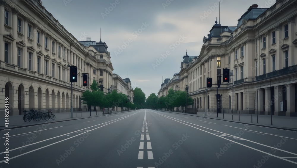 Serene Urban Avenue: Empty European Street with Classic Architecture and Overcast Sky
Serene Urban Avenue: Empty European Street with Classic Architecture and Overcast Sky