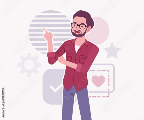 Modern businessman, smart startupper speaker presentation pose. Small business company developer, founder entrepreneur, freelance vector flat style cartoon illustration, abstract creative background