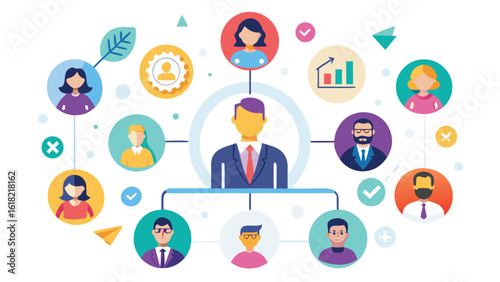Business structure management hierarchical organizational chart with circle portraits teamwork networking flat style corporate concept diagram employees collaboration