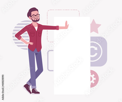 Modern businessman, smart startupper copy space board lean pose. Small business company developer, founder entrepreneur, handsome vector flat style cartoon illustration, abstract creative background