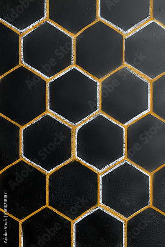 A stylized bee honeycomb drawn with chalk using white and yellow lines, set on a matte black chalkboard background.