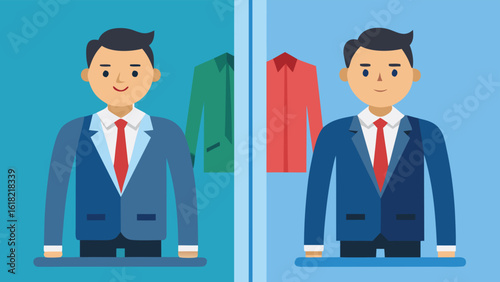 Businessman choosing shirts in store cartoon character display wardrobe flat style vector illustration design template presentation professional attire minimalist style
