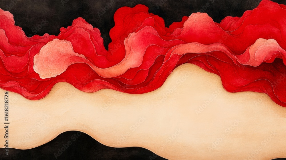 Fototapeta premium An abstract design featuring flowing red shapes against a dark background, This image can be used in creative projects, as wall art, or for branding materials to evoke warmth and passion,