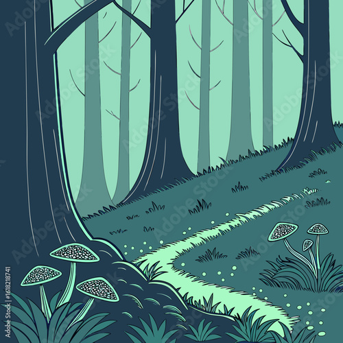 Mystical Forest Path: A mesmerizing illustration unveils a luminous path winding through a whimsical forest, guiding the viewer into a world of enchantment and fantasy.