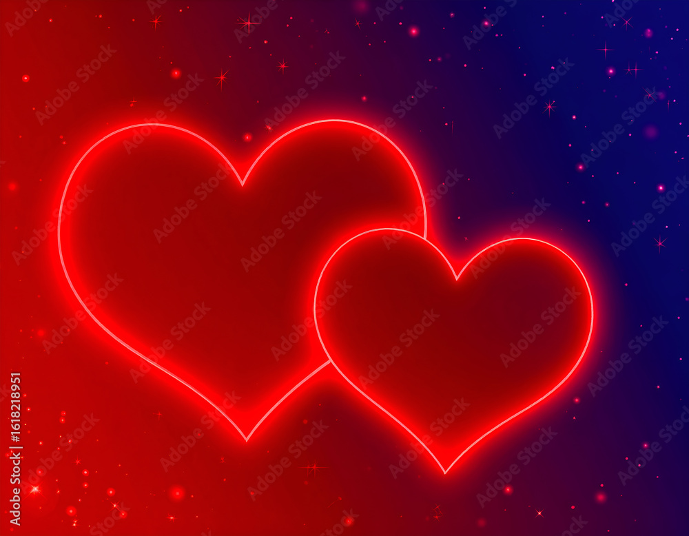 Glowing red double hearts on a romantic background with particles, love concept. Generative AI Glowing red double hearts on a romantic background with particles, love concept. Generative AI