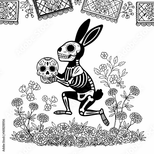 Day of the Dead illustration of a skeleton rabbit holding a skull among marigolds in grayscale, Day of the Dead symbolic imagery in detailed artwork, perfect Day of the Dead illustration for posters,