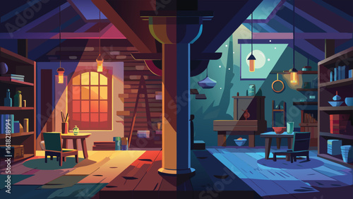 Colorful cartoon attic interior two contrasting rooms different lighting styles artwork illustration design