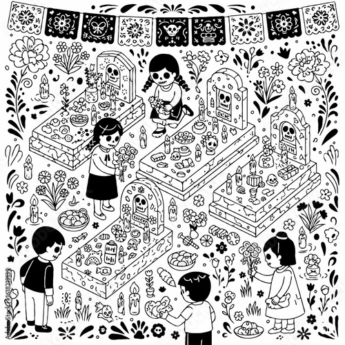 Day of Dead celebration illustration featuring children tending graves with flowers and offerings. Day of the Dead imagery includes traditional elements like sugar skulls, marigolds, and candles.
