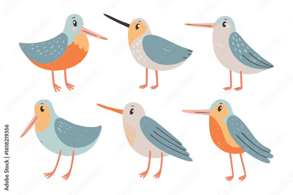 Fototapeta premium Vibrant Cartoon Birds Collection: A delightful illustration showcasing a variety of charming, colorful cartoon birds. Each bird boasts its own unique design, with bright hues and playful expressions.