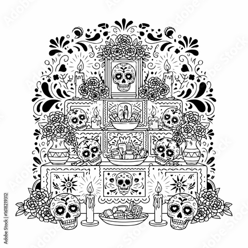 Day of Dead altar with sugar skulls and marigolds. Colorful Day of Dead ofrenda includes candles, flowers, and traditional decorations.