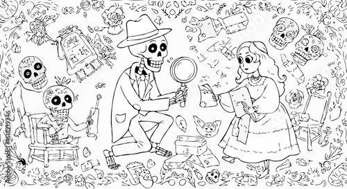 "Skeletons Working Together to Solve a Mystery in Day of the Dead Artwork"