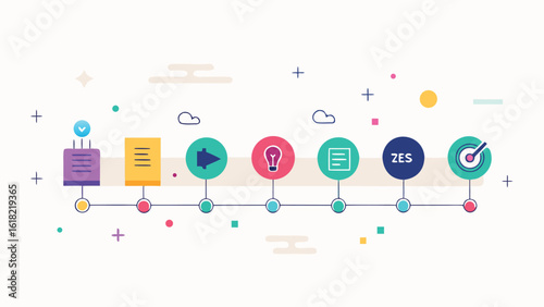 Colorful timeline diagram illustrating a business process or workflow featuring iconography and steps in a sequential order