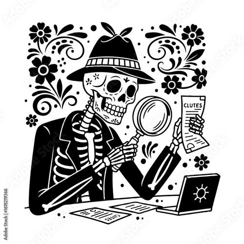 Day of Dead skeleton detective examining clues with magnifying glass and documents.  Skeleton investigator is working at desk with laptop.