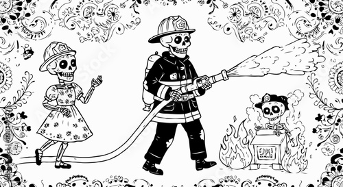 "Skeleton Firefighter Saving People in Day of the Dead Illustration"