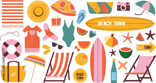 A flat lay of beach themed items including surfboards and beach chairs on a light background