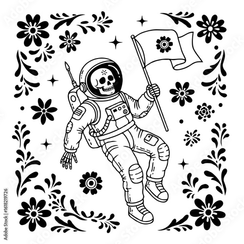 Floating astronaut skeleton with flag on flowered background in black and white. Astronaut skeleton in outer space is a spooky and creative illustration.