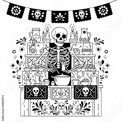 Black and white Day of the Dead illustration with skeleton preparing food on altar. Day of the Dead altar illustration includes traditional decorations, candles and offerings.
