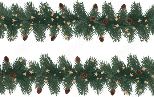 Two christmas garlands with pine cones and star shaped lights on a light colored background design