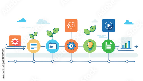 Creative process development workflow timeline with growth and lightbulb idea progression presentation for business
