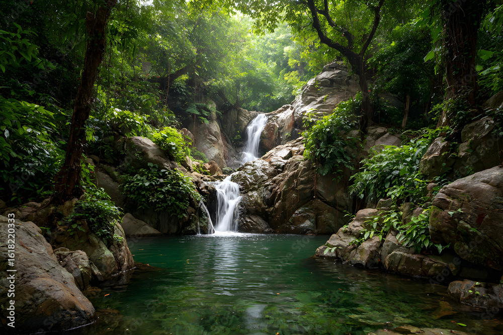Naklejka premium beautiful waterfall in green forest in jungle