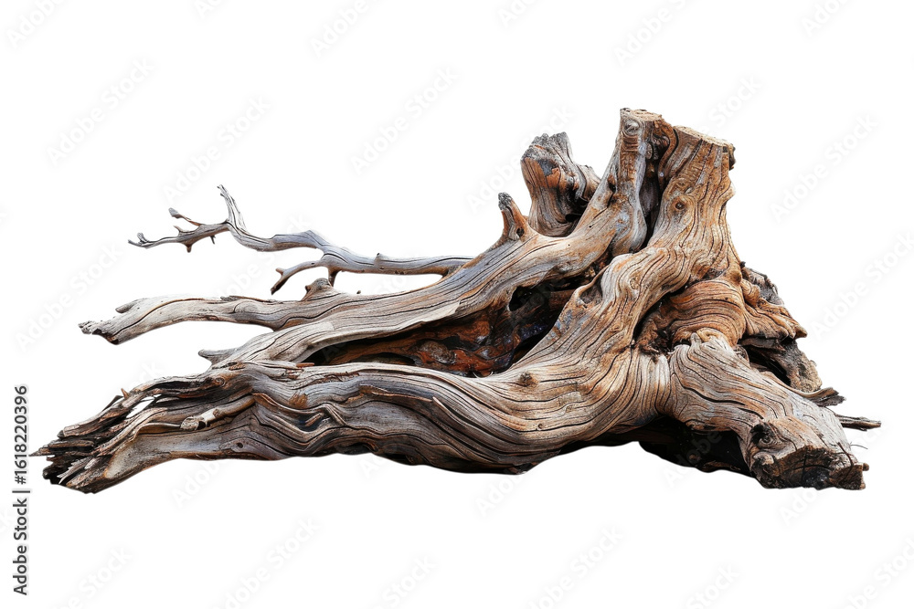 Fototapeta premium Weathered driftwood resting on a white background showcasing natural textures and forms