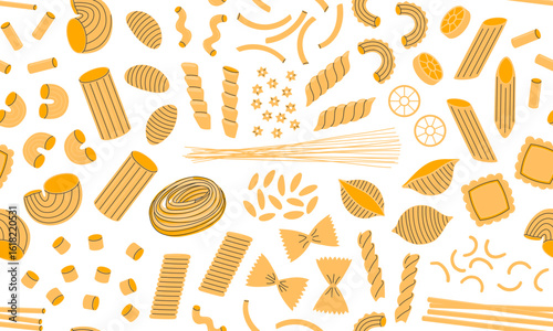 Seamless pattern with different types pasta. Italian food background. Spaghetti, penne, farfalle, rigatoni, fusilli, garganelli, noodle, conchiglie, tagliatelle. Hand drawn flat vector illustration 