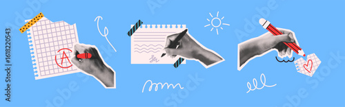 Illustration of hands drawing on paper with creative doodles. Vibrant blue background adds a playful touch. Perfect for art and design themes.