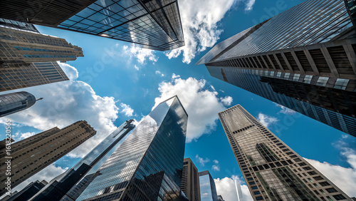 Low Angle View of Modern Skyscrapers Against a Blue Sky