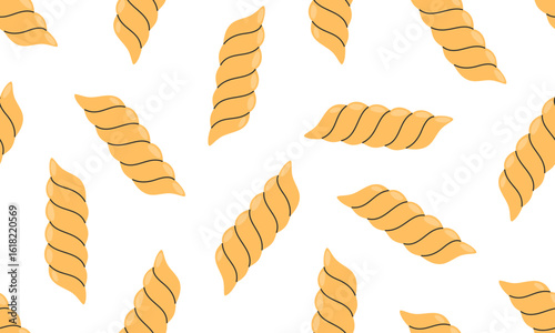 Seamless pattern with Italian pasta. Pasta fusilli. Italian food  background. Hand drawn flat vector illustration